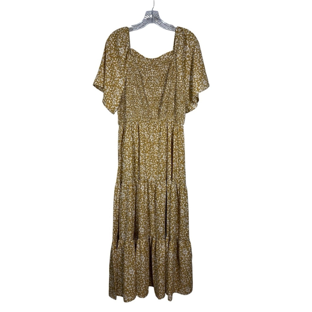 NWT HAYDEN LA Sz L Maxi Dress Tiered Mustard Floral Flutter Ruffle Smocked Boho